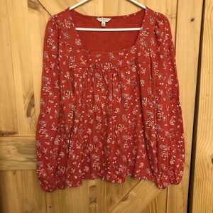 Lucky Brand Orange Floral Square Neck Blouse Womens Size SP